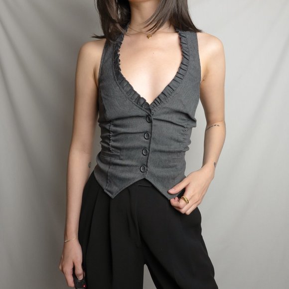 y2k gray ruched ruffle trim plunge v neck cropped vest waistcoat top by love cul - Picture 4 of 8
